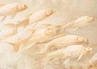 A poster with soft, golden fish in motion, creating a sense of calm and balance.-7
