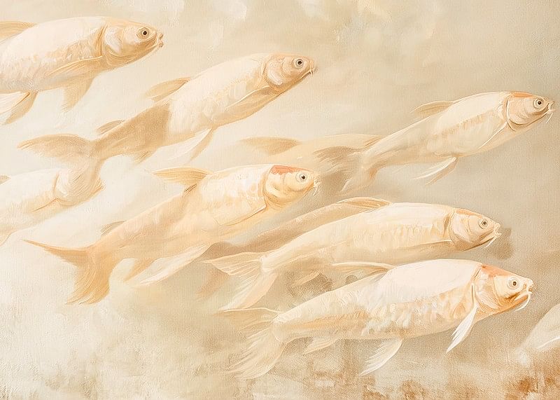 A poster with soft, golden fish in motion, creating a sense of calm and balance.-12