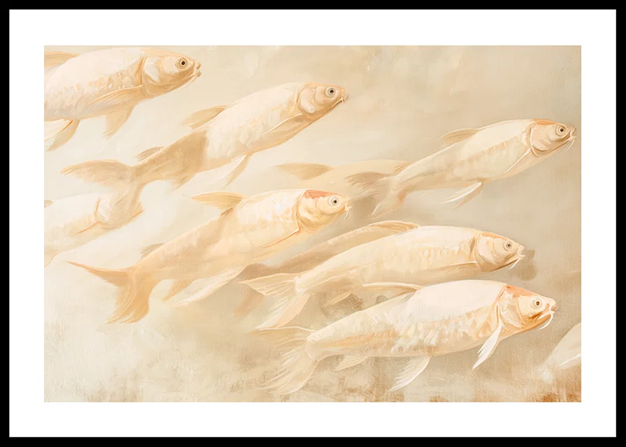 A poster with soft, golden fish in motion, creating a sense of calm and balance.-12
