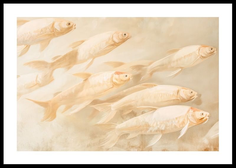 A poster with soft, golden fish in motion, creating a sense of calm and balance.-12