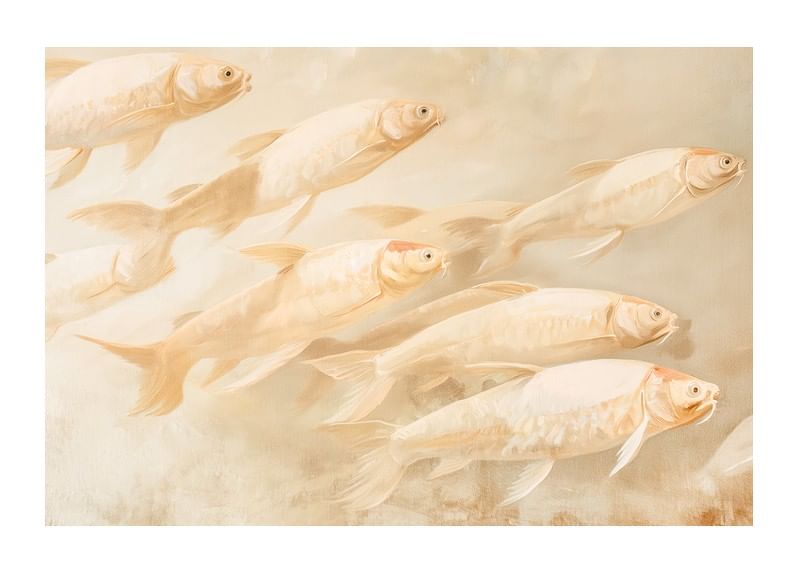 A poster with soft, golden fish in motion, creating a sense of calm and balance.-12