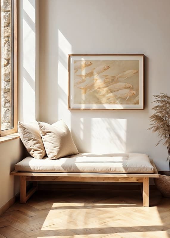 A poster with soft, golden fish in motion, creating a sense of calm and balance.-12