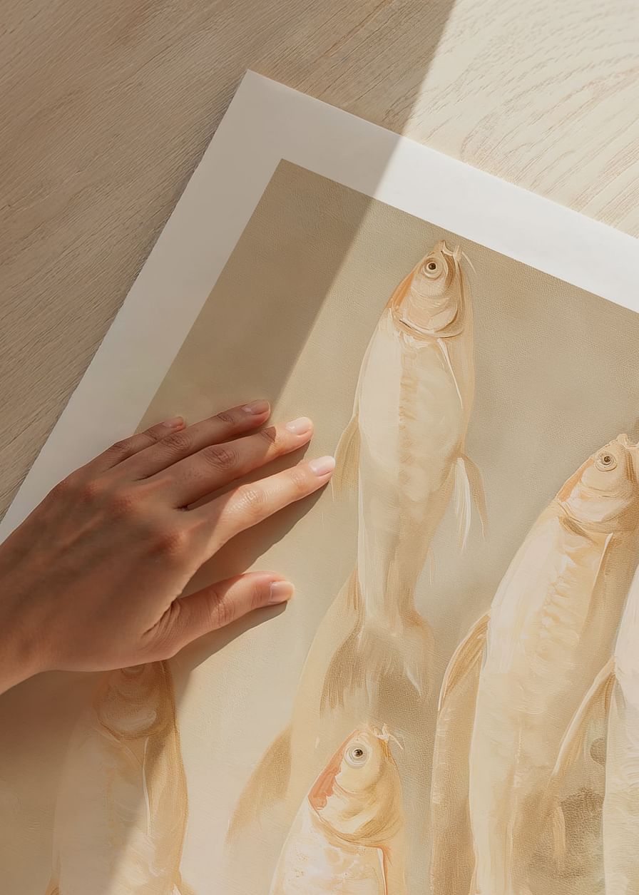 A poster with soft, golden fish in motion, creating a sense of calm and balance.-12
