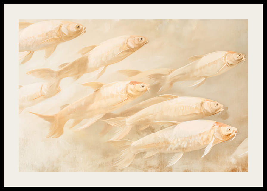 Plagát s mäkkými zlatými rybkami v pohybe, ktorý vytvára pocit pokoja a rovnováhy.-12