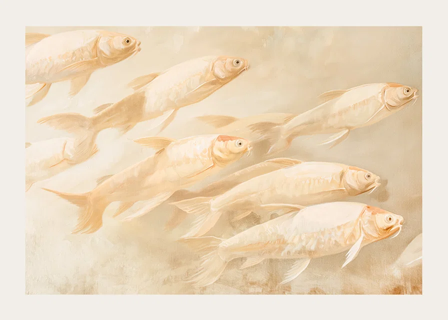 A poster with soft, golden fish in motion, creating a sense of calm and balance.-12