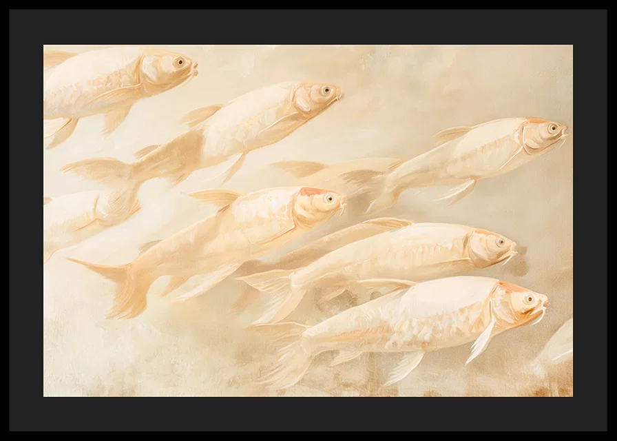 A poster with soft, golden fish in motion, creating a sense of calm and balance.-12