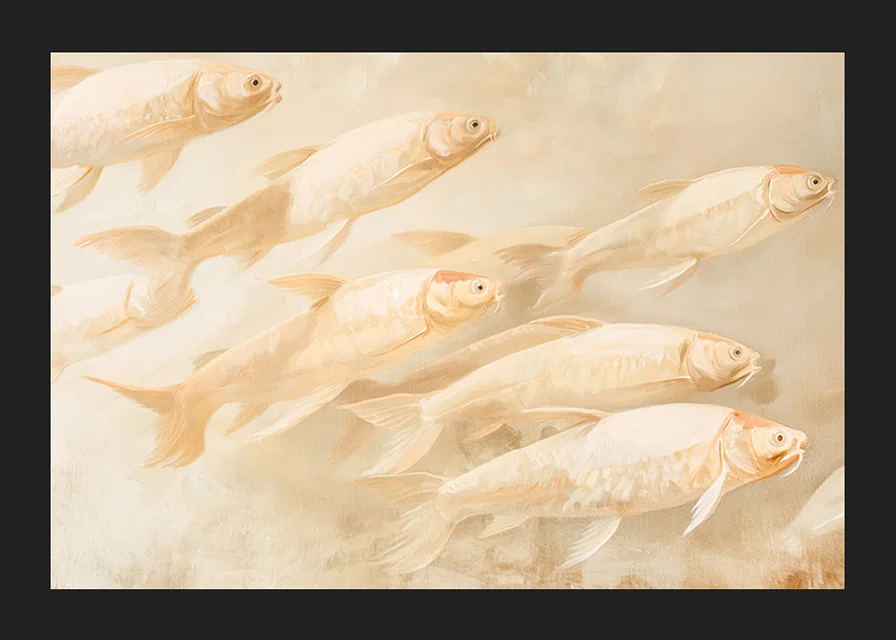 A poster with soft, golden fish in motion, creating a sense of calm and balance.-12