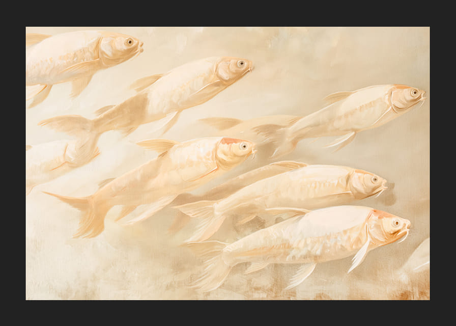 Plagát s mäkkými zlatými rybkami v pohybe, ktorý vytvára pocit pokoja a rovnováhy.-12