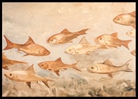 A poster with fish in soft, earthy tones moving harmoniously through the water-6