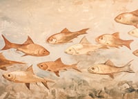 A poster with fish in soft, earthy tones moving harmoniously through the water-7