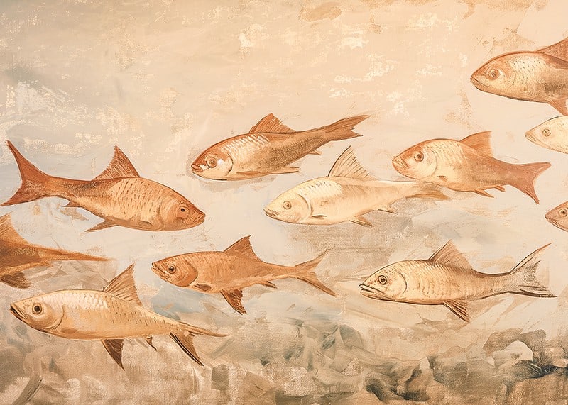 A poster with fish in soft, earthy tones moving harmoniously through the water-12