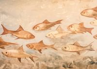 Een poster met vissen in zachte, aardse tinten die harmonieus door het water bewegen-3
