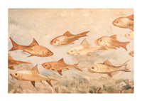 A poster with fish in soft, earthy tones moving harmoniously through the water-1