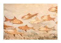 Een poster met vissen in zachte, aardse tinten die harmonieus door het water bewegen-1