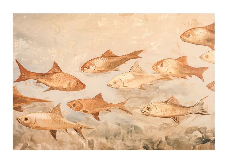Een poster met vissen in zachte, aardse tinten die harmonieus door het water bewegen-12