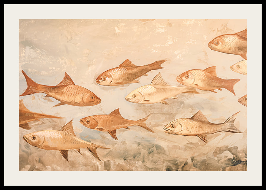 A poster with fish in soft, earthy tones moving harmoniously through the water-12