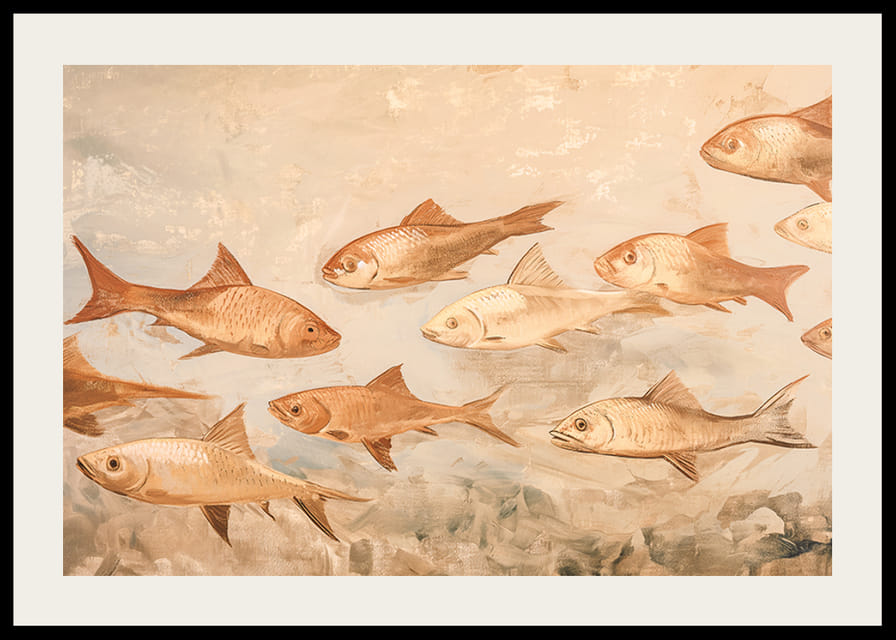 Un cartel con peces en tonos suaves y terrosos que se mueven armoniosamente por el agua.-12