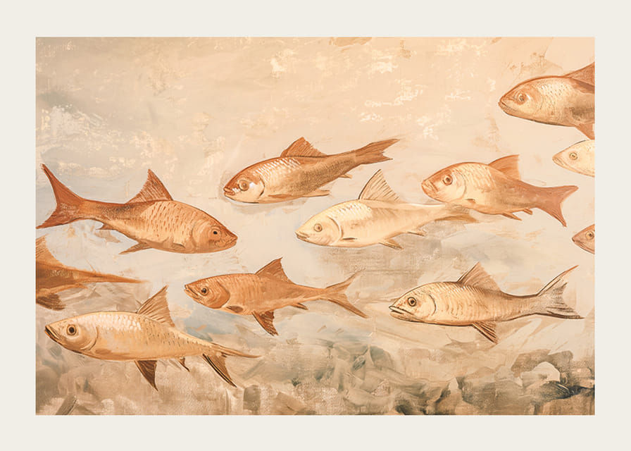 Un cartel con peces en tonos suaves y terrosos que se mueven armoniosamente por el agua.-12