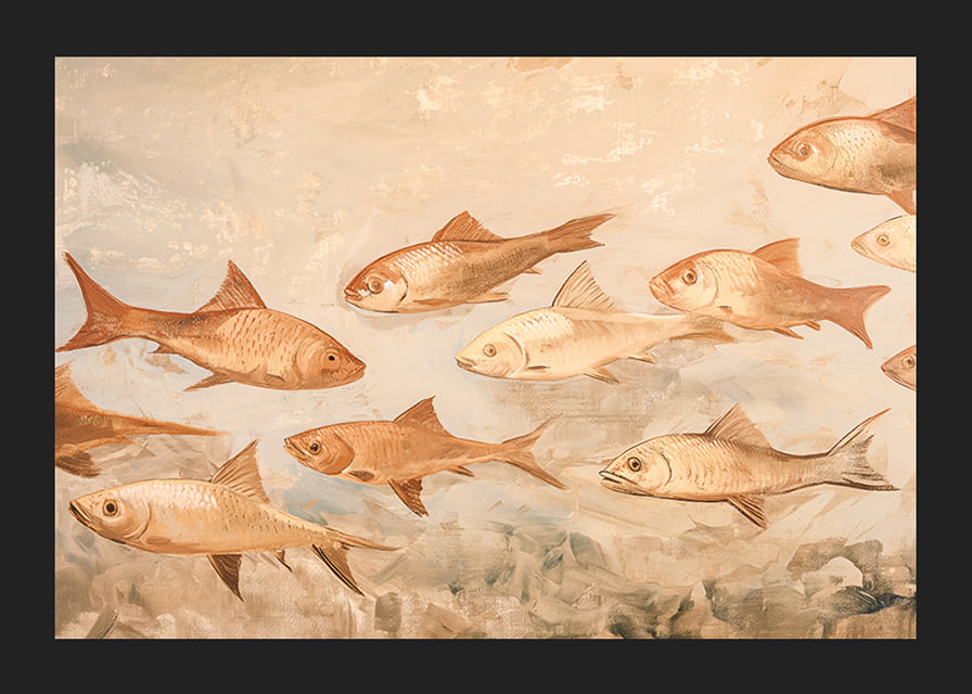 A poster with fish in soft, earthy tones moving harmoniously through the water-12