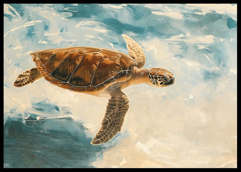 Een harmonieuze poster van een majestueuze zeeschildpad die door het heldere water glijdt-12