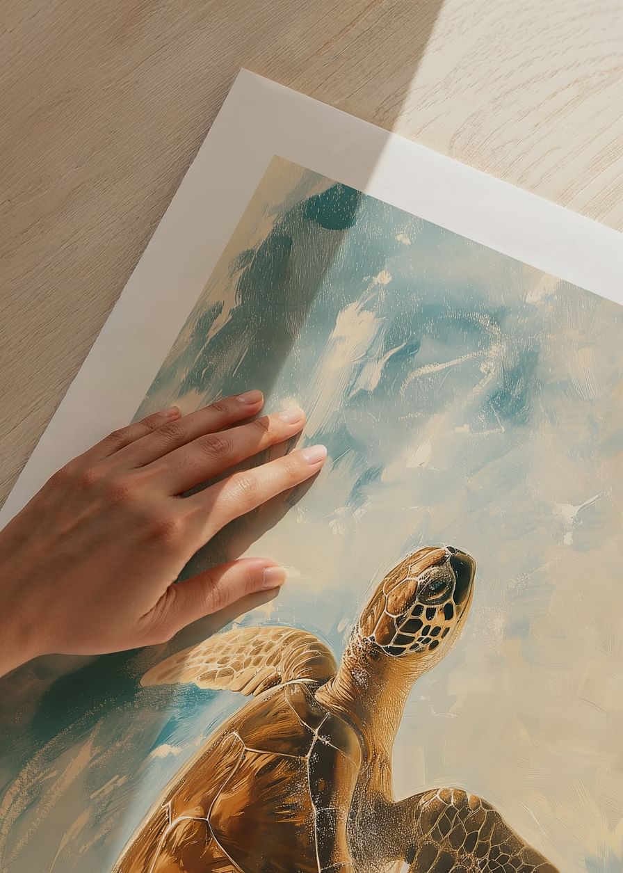 Een harmonieuze poster van een majestueuze zeeschildpad die door het heldere water glijdt-12