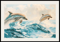A poster of two playful dolphins jumping through the sparkling waves of the ocean-2