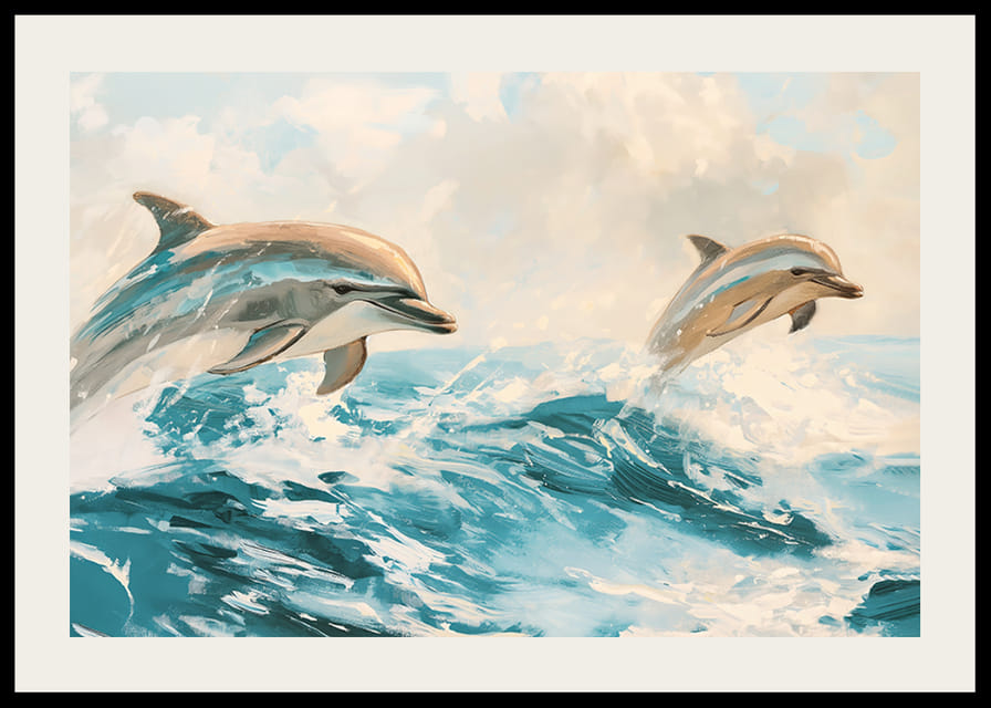 En poster med två lekfulla delfiner som hoppar genom havets glittrande vågor-12