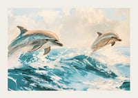 A poster of two playful dolphins jumping through the sparkling waves of the ocean-3