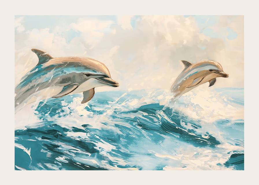 En poster med två lekfulla delfiner som hoppar genom havets glittrande vågor-12