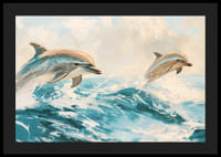En poster med två lekfulla delfiner som hoppar genom havets glittrande vågor-4