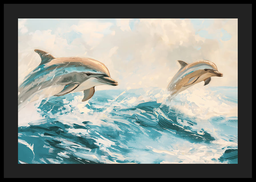En poster med två lekfulla delfiner som hoppar genom havets glittrande vågor-12