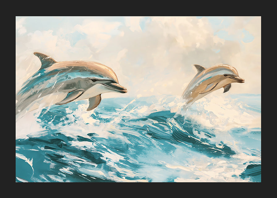 A poster of two playful dolphins jumping through the sparkling waves of the ocean-12