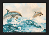 En poster med två lekfulla delfiner som hoppar genom havets glittrande vågor-5