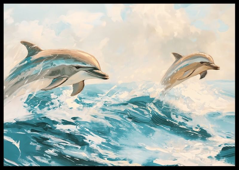Een poster van twee speelse dolfijnen die door de sprankelende golven van de oceaan springen-12