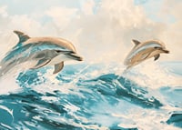 A poster of two playful dolphins jumping through the sparkling waves of the ocean-7