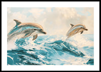 A poster of two playful dolphins jumping through the sparkling waves of the ocean-0