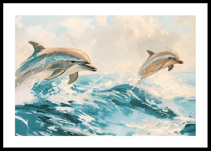 Een poster van twee speelse dolfijnen die door de sprankelende golven van de oceaan springen-12