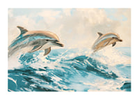 A poster of two playful dolphins jumping through the sparkling waves of the ocean-1