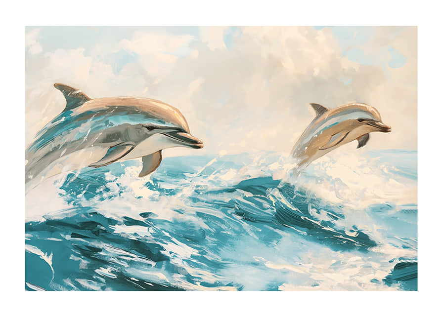A poster of two playful dolphins jumping through the sparkling waves of the ocean-12