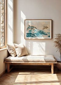 A poster of two playful dolphins jumping through the sparkling waves of the ocean-8