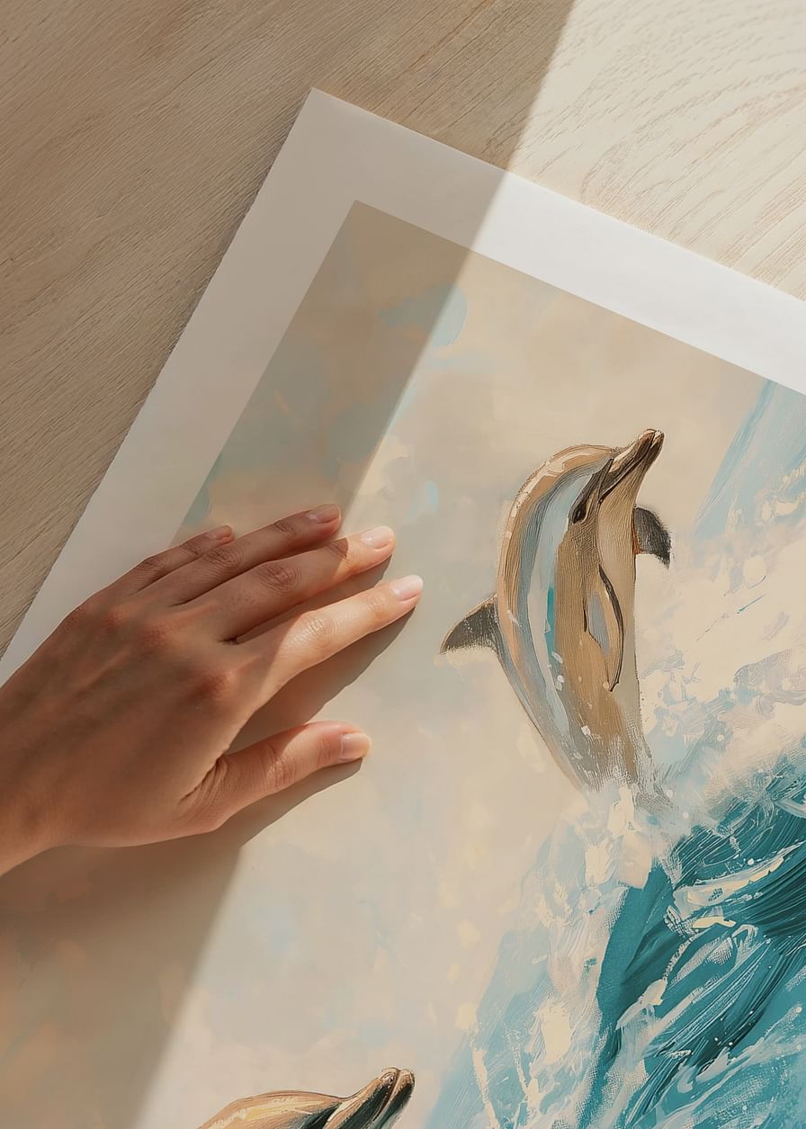 Een poster van twee speelse dolfijnen die door de sprankelende golven van de oceaan springen-12