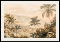 En poster med vajande palmer, frodig grönska och dimhöljda berg-2