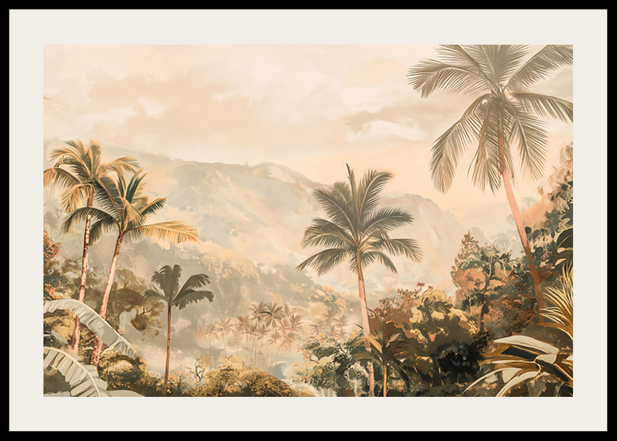 En poster med vajande palmer, frodig grönska och dimhöljda berg-12