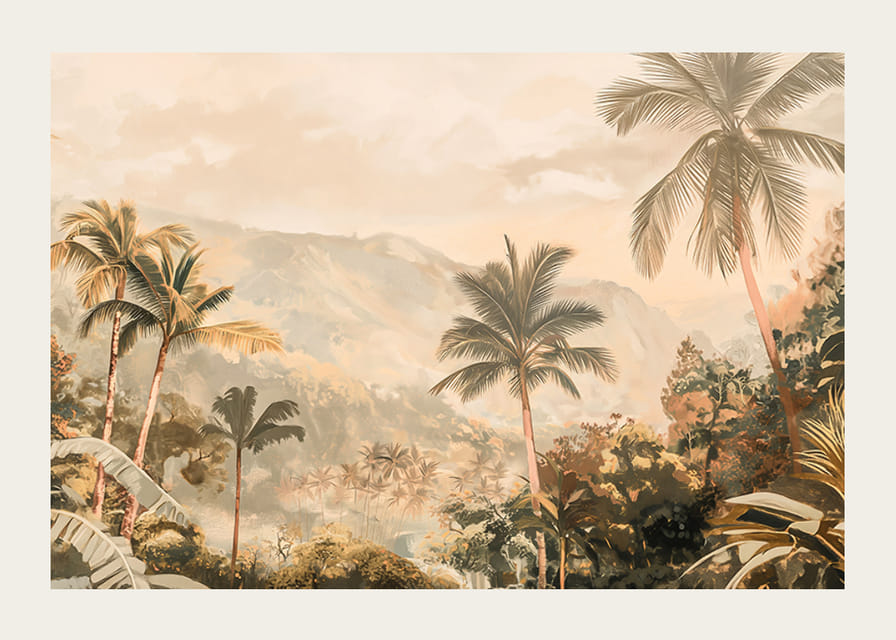 En poster med vajande palmer, frodig grönska och dimhöljda berg-12