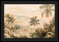 En poster med vajande palmer, frodig grönska och dimhöljda berg-4