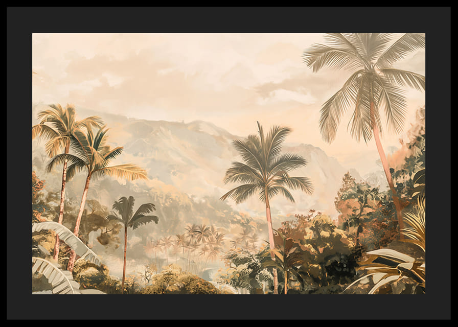En poster med vajande palmer, frodig grönska och dimhöljda berg-12