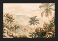 En poster med vajande palmer, frodig grönska och dimhöljda berg-5