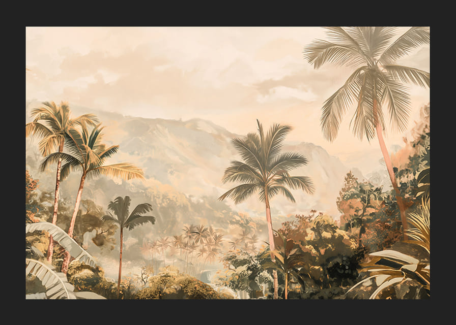 En poster med vajande palmer, frodig grönska och dimhöljda berg-12
