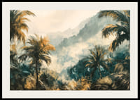 En poster av en dimhöljd djungel med vajande palmer och gyllene ljus-2