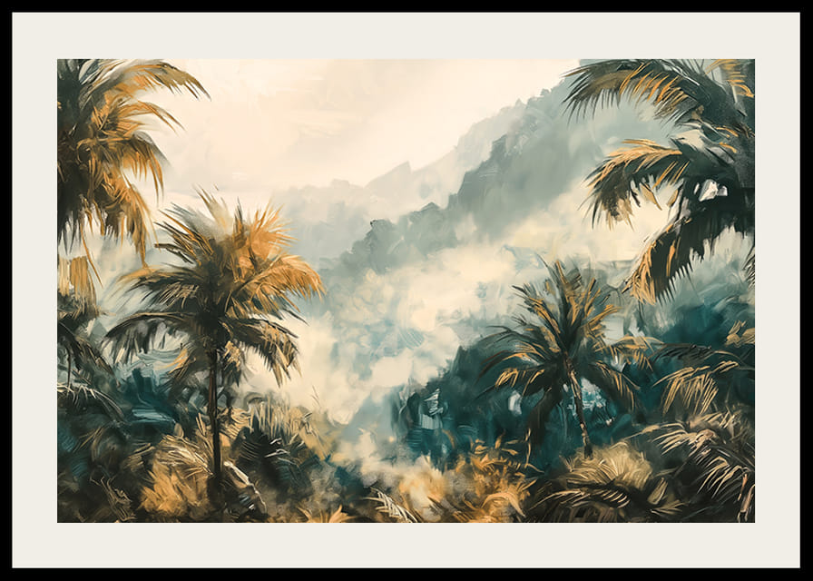 En poster av en dimhöljd djungel med vajande palmer och gyllene ljus-12
